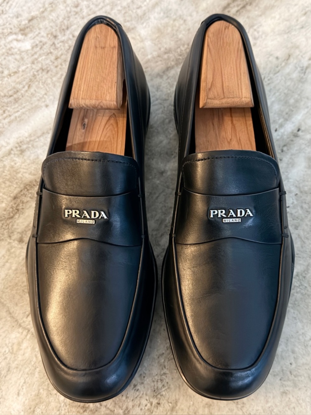 PRADA Milano Stamp Logo Vamp Sport Slip On Loafer Black Leather Sz 6 US Toblach